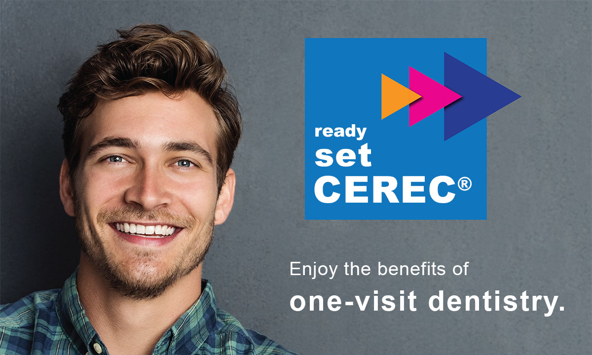 The image features a man smiling at the camera against a blue background with a logo for  Cerec  on the left side, which appears to be an advertisement for dental technology services.