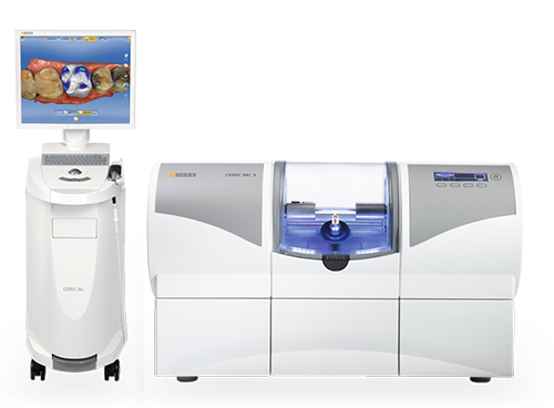 The image shows two pieces of advanced technology  a digital dental scanner and a 3D printer, both on display for potential buyers or users.